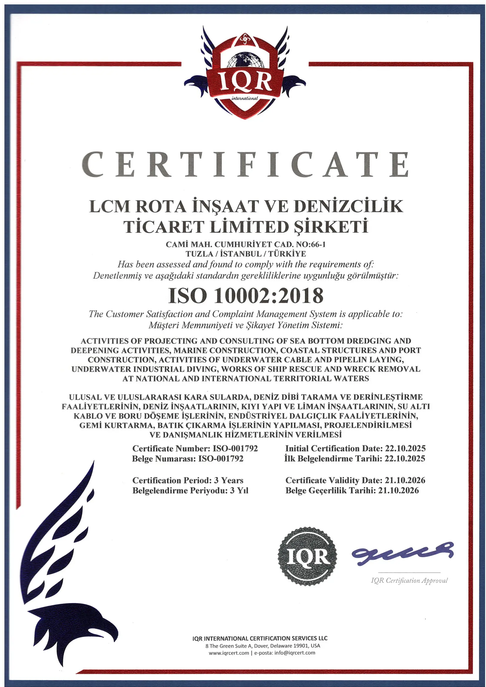 LCM Rota Denizcilik ISO 10002 Belgesi