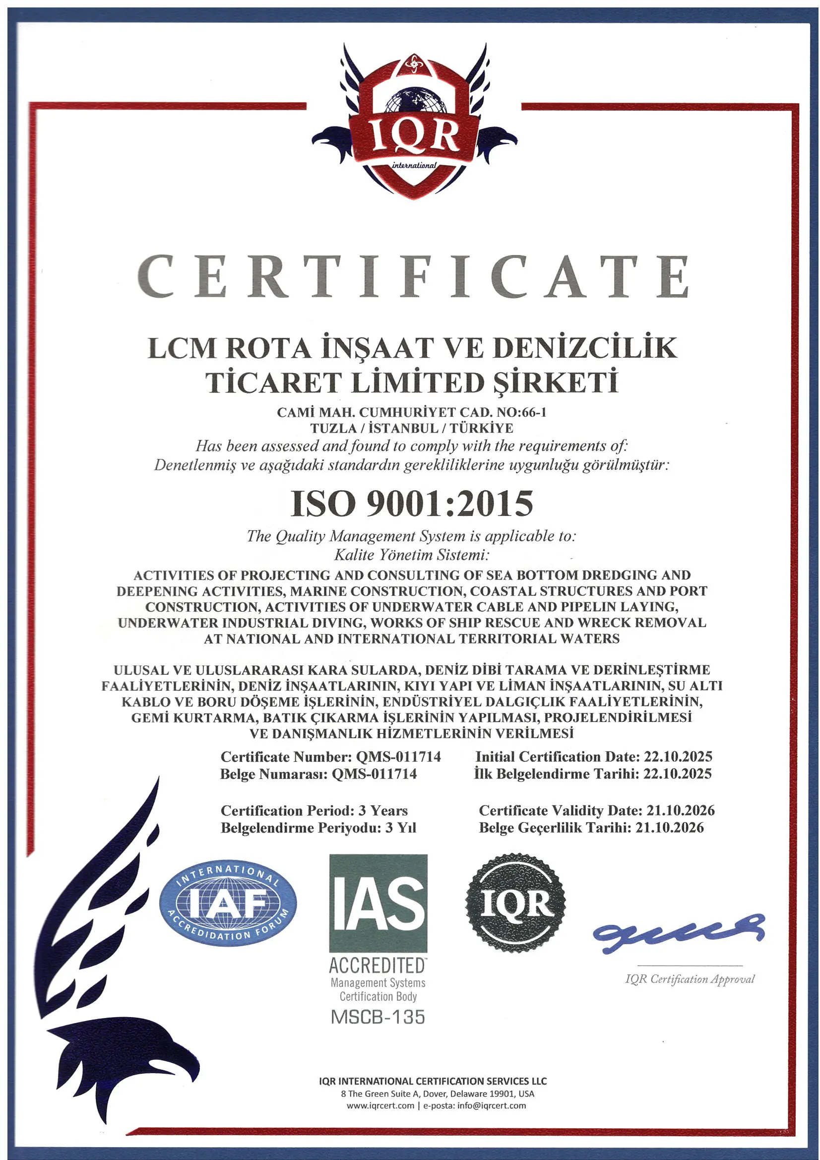 LCM Rota Denizcilik ISO 9001 Belgesi